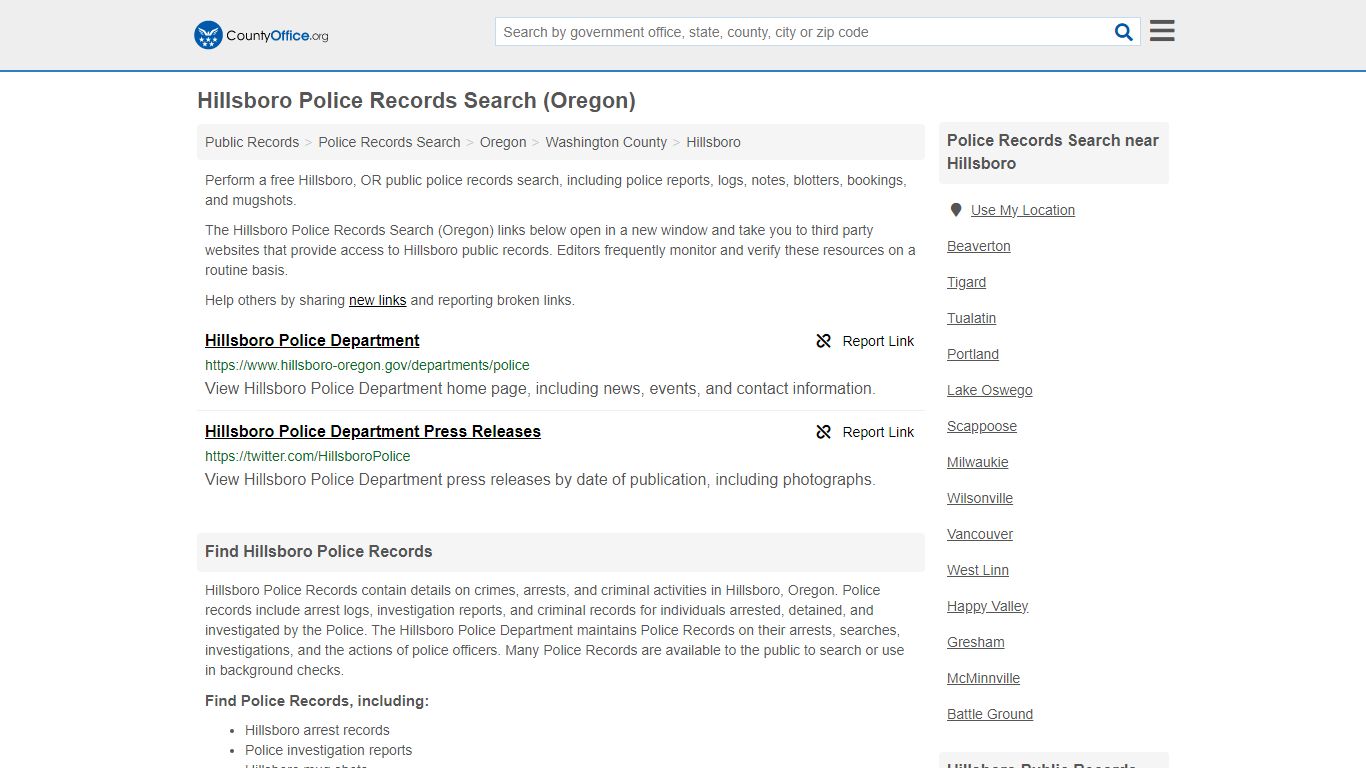 Hillsboro Police Records Search (Oregon) - County Office
